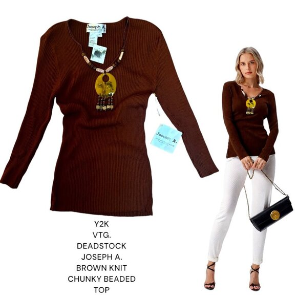 Y2K VTG. DEADSTOCK BROWN CHUNKY BEADED RIBBED JOSEPH A BLOUSE M/L - Picture 1 of 5